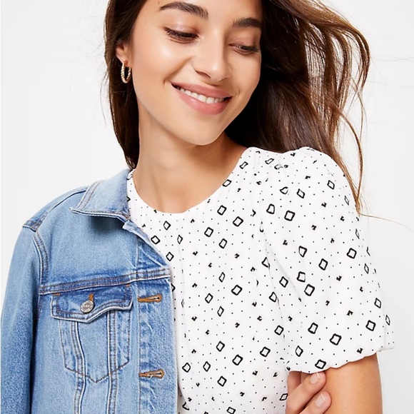 LOFT Geo Puff Sleeve Swing Dress - Picture 2 of 8